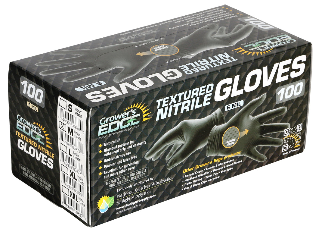 Grower's Edge Black Powder Free Diamond Textured Nitrile Gloves 6 mil - Medium (100/Box)